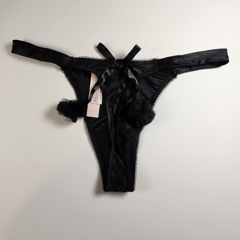 Victoria's Secret Very Sexy Black Satin Fun Novelty Pom Pom Thong Panty - XL